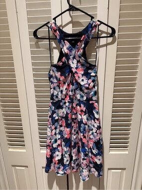 Express Floral Wrap-Style Dress in Navy, Pink & Blue